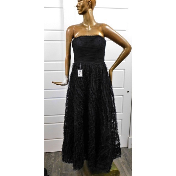 ZAC POSEN Black Lace Pleated Top Ruffle Appliqué Bottom Evening Gown $995rt Sz 8